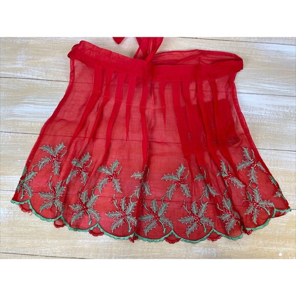 VTG 1960s Christmas Apron Sheer Red Organza Green / Red Embroidered Holly Pocket - Picture 8 of 8